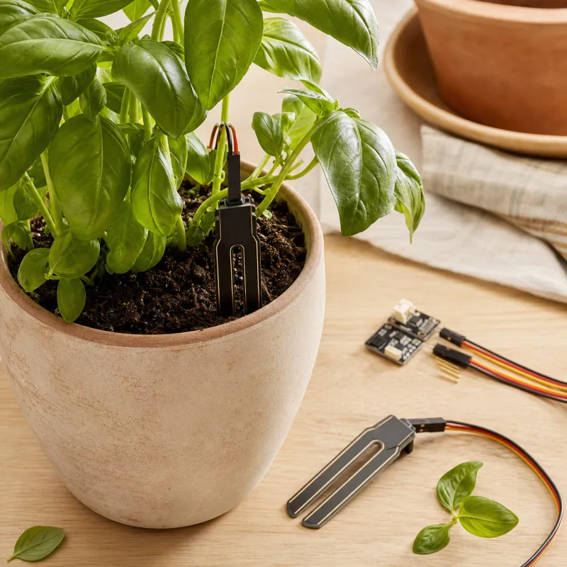 Capacitive soil moisture sensors with a healthy basil plant