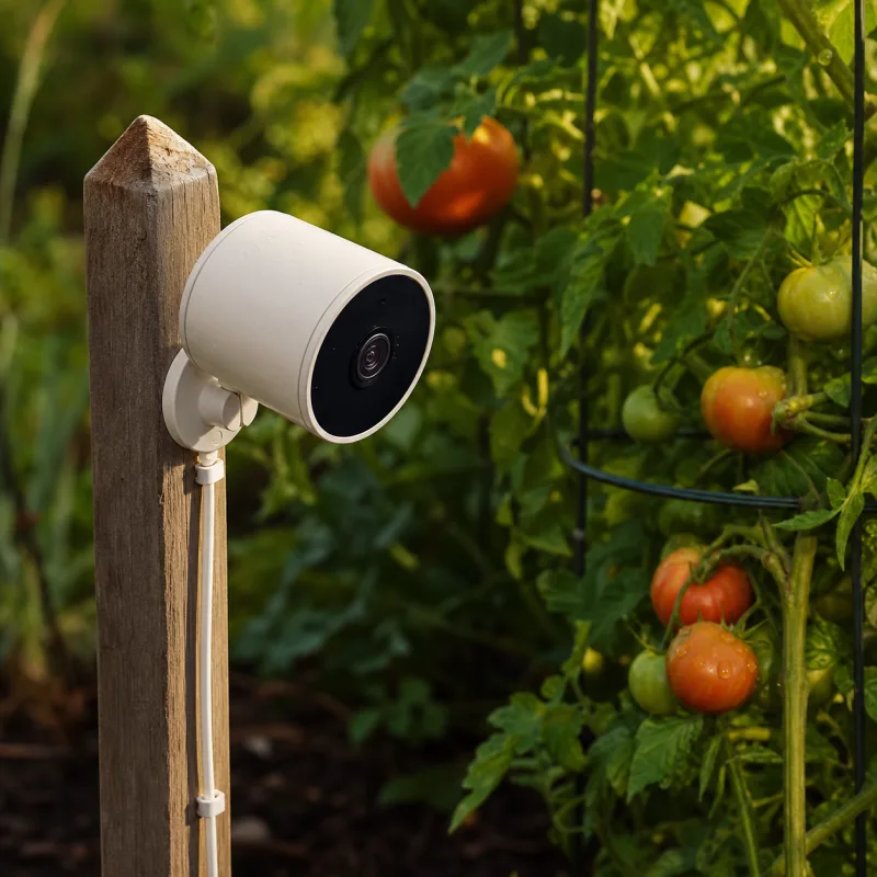 Weather-resistant camera monitoring tomato plants