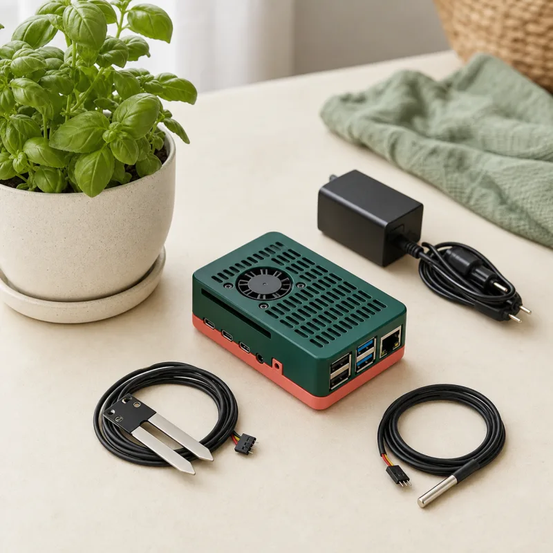 Compact computer, power supply, and sensors beside a potted herb