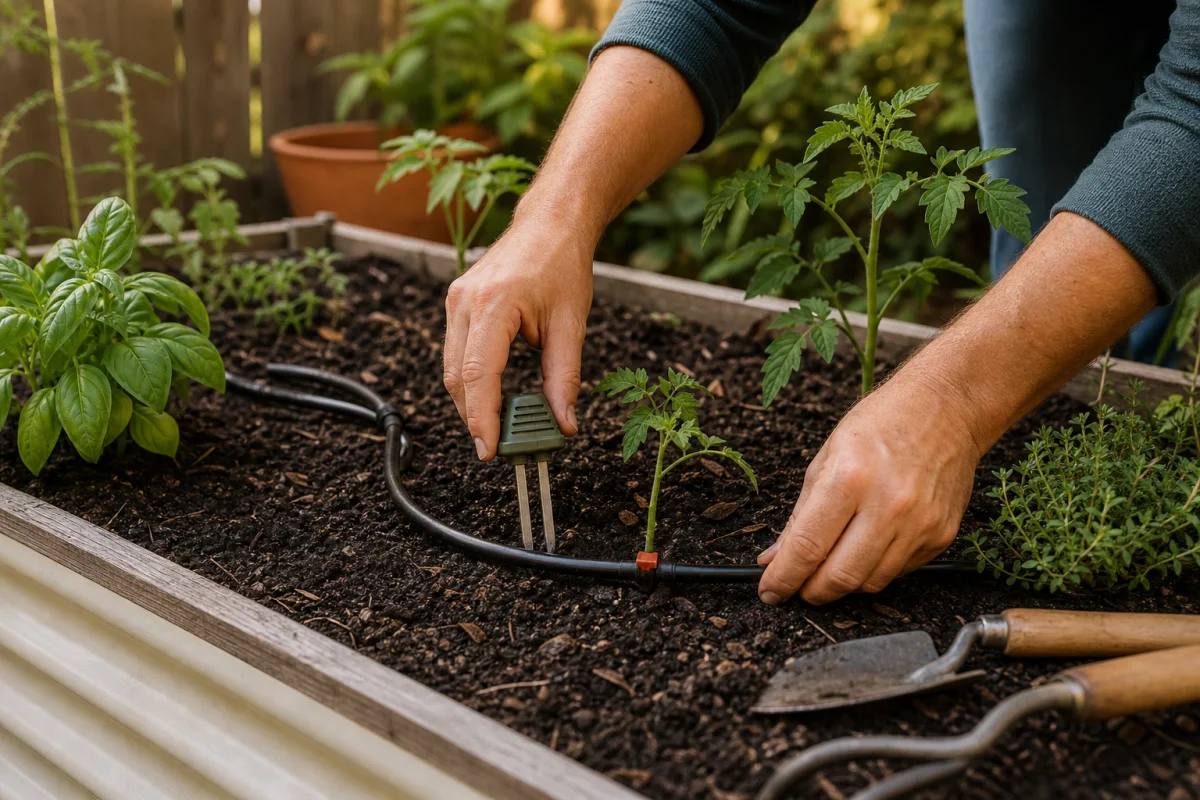 Hands installing a soil sensor and drip line in a raised vegetable bed
