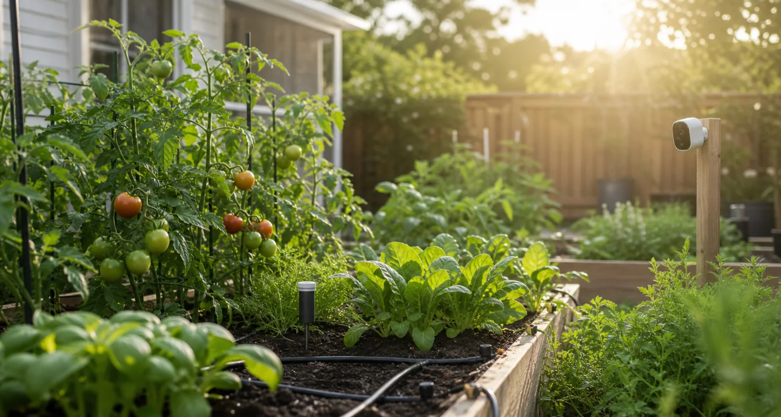 A real backyard vegetable garden with drip irrigation, a soil sensor, and a plant-monitoring camera