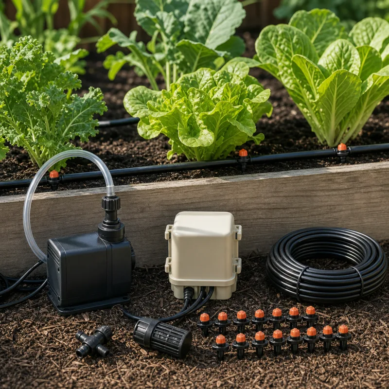 Automatic drip-watering kit installed beside a vegetable bed